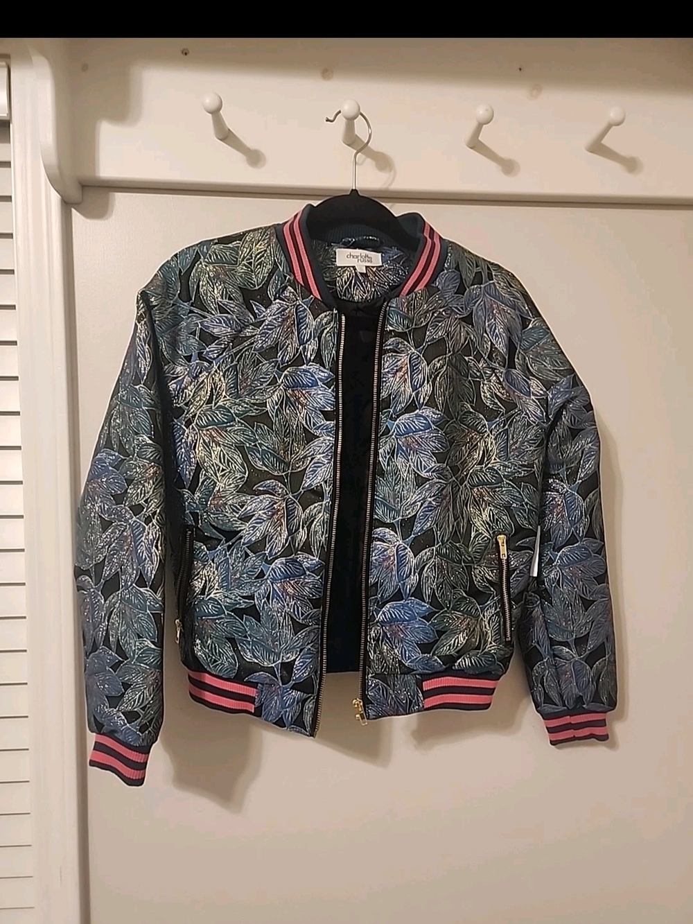 Charlotte Russe Blue Leaf-Print Bomber Jacket with Pink Trim